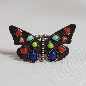 Butterfly Stretch Ring With Multicolor Faux Stones & Beaded Stretch Band